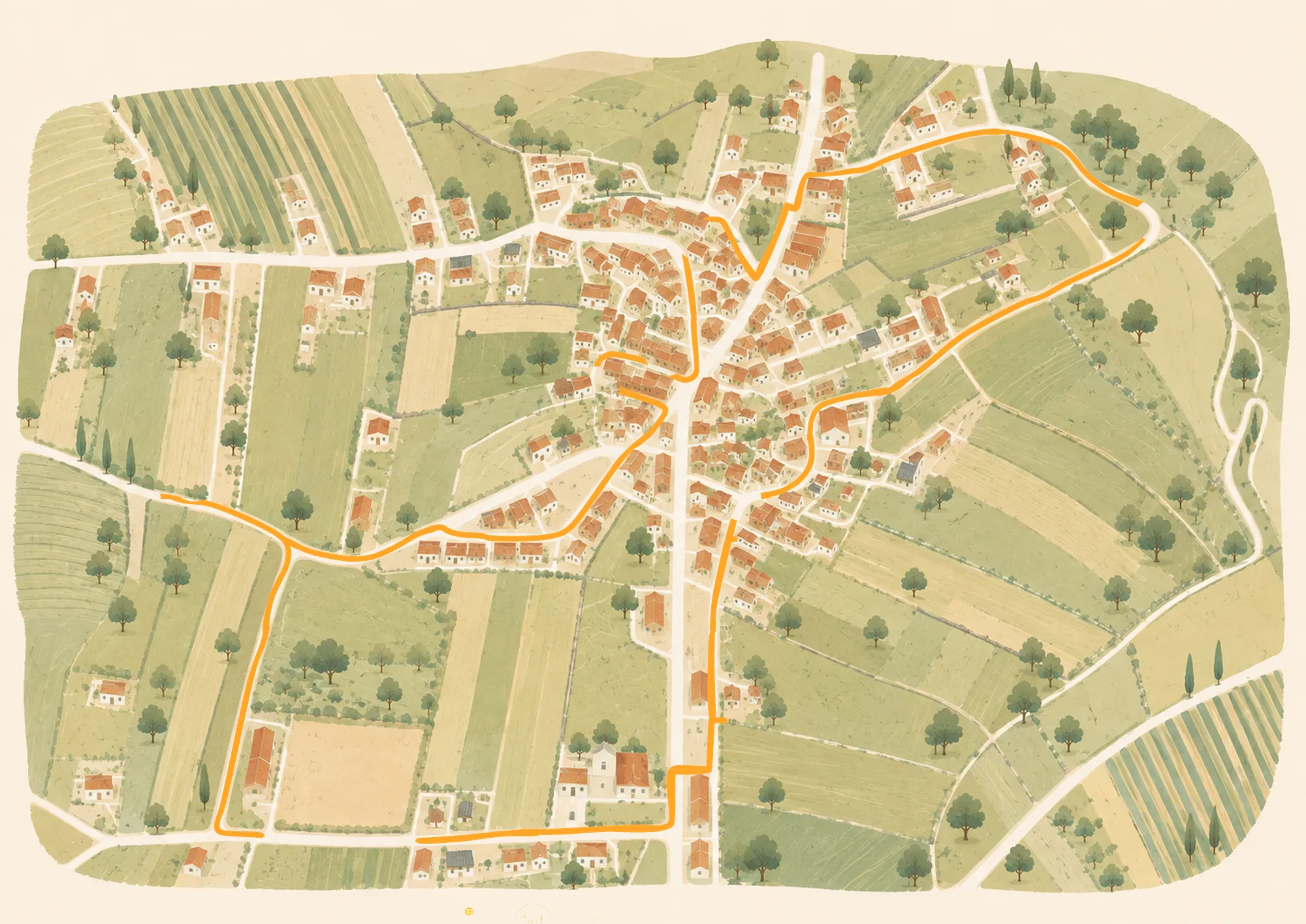 Mapa ilustrado da aldeia de Alvarinhos com o percurso laranja do Roteiro Aldeia Aberta e 14 locais numerados.